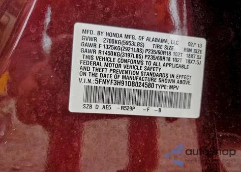 2013 Honda Pilot Touring from USA, damaged, VIN 5FNYF3H91DB024580